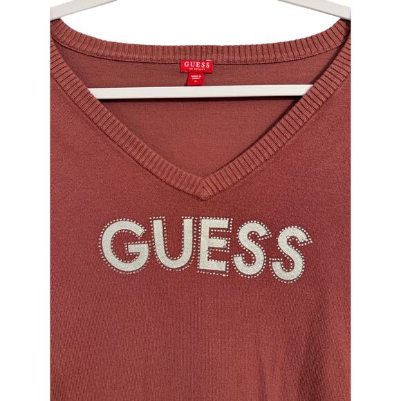 Guess Women's S Y2K Preppy Logo Silver Rhinestone V Neck Knit Pink Sweater - Picture 2 of 7